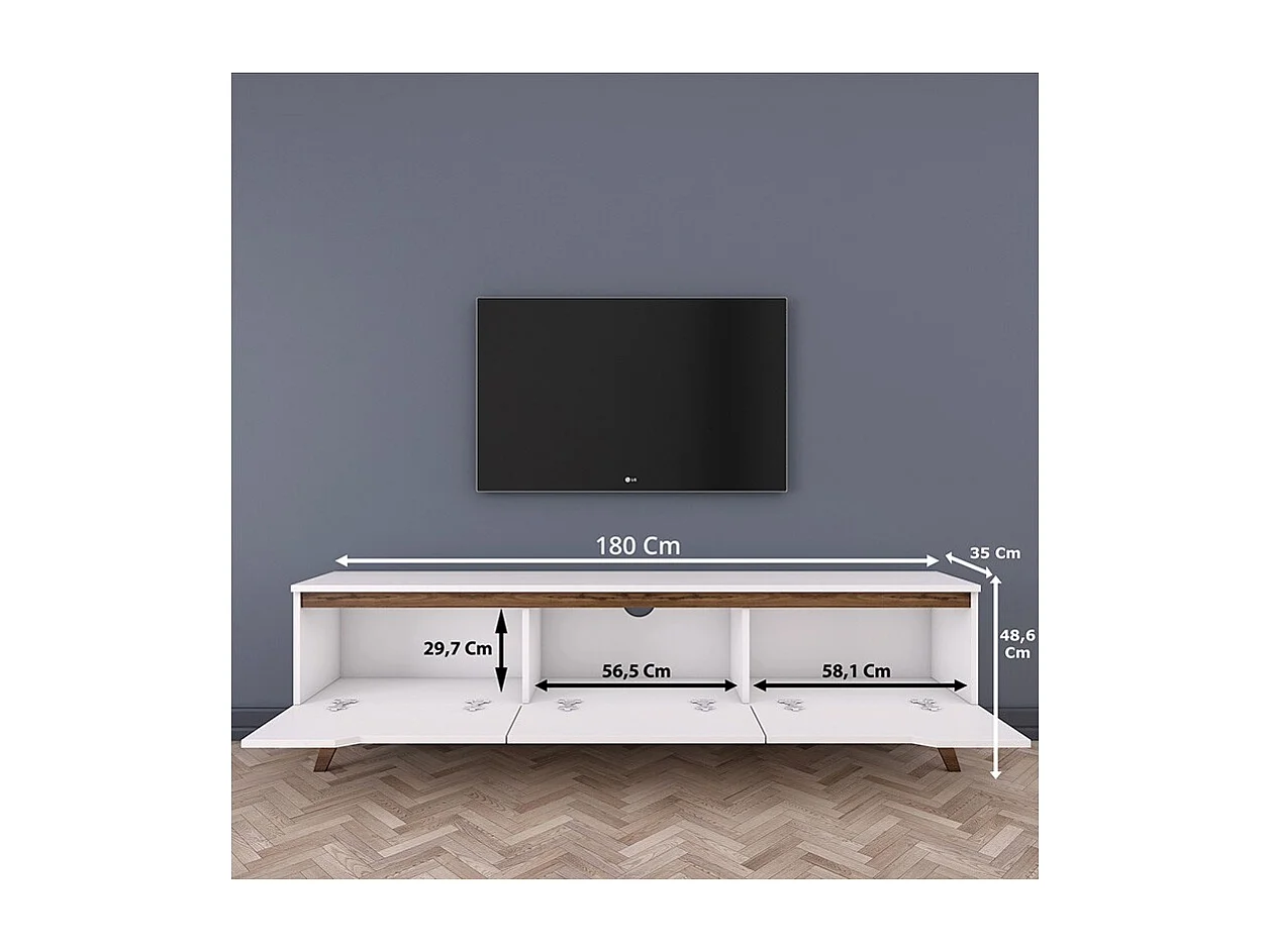 Mueble para TV Color Blanco y Nogal - Dimensiones 180x35x48,3 cm - Diseño Moderno para Salón y Estancia
