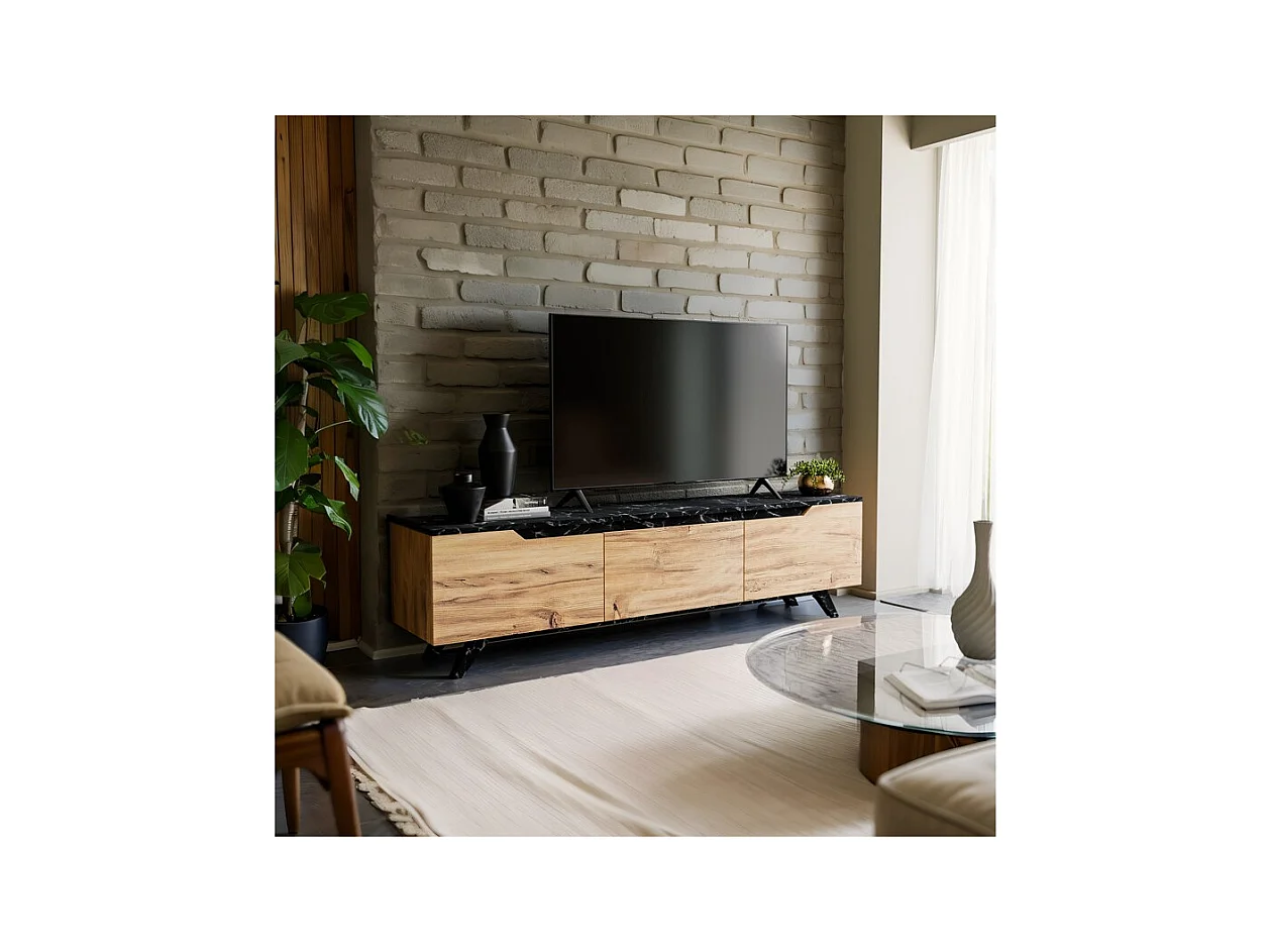 Mueble para TV de Mármol Negro Imitación Nogal - Dimensiones 180x35x48,3 cm - Diseño Moderno para Salón y Estancia.