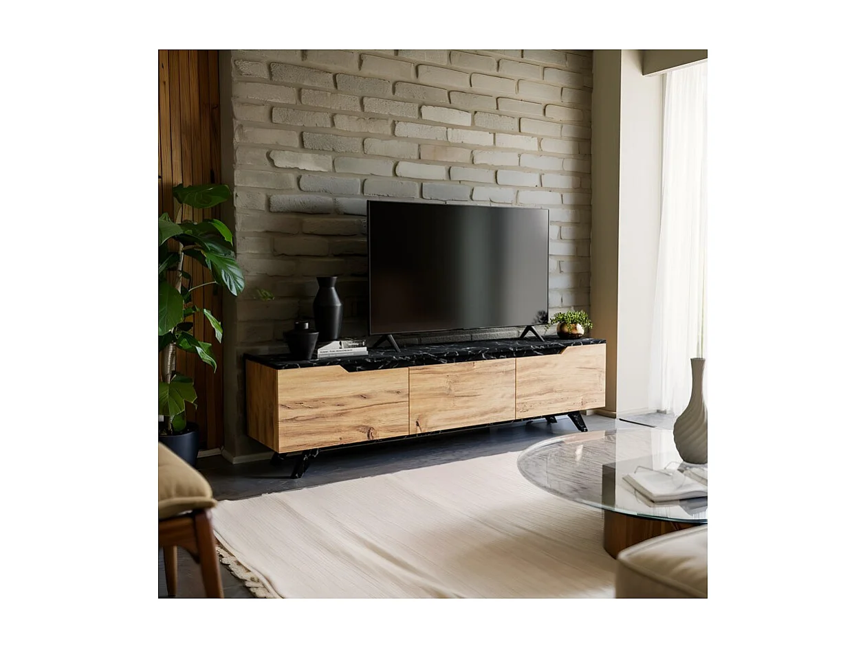 Mueble para TV de Mármol Negro Imitación Nogal - Dimensiones 180x35x48,3 cm - Diseño Moderno para Salón y Estancia.