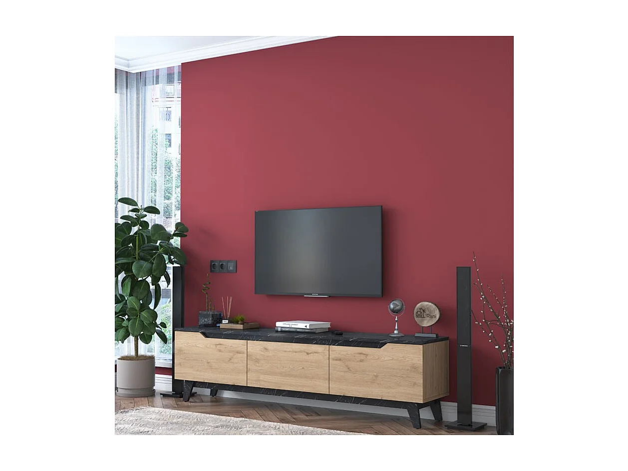 Mueble para TV de Mármol Negro Imitación Nogal - Dimensiones 180x35x48,3 cm - Diseño Moderno para Salón y Estancia.