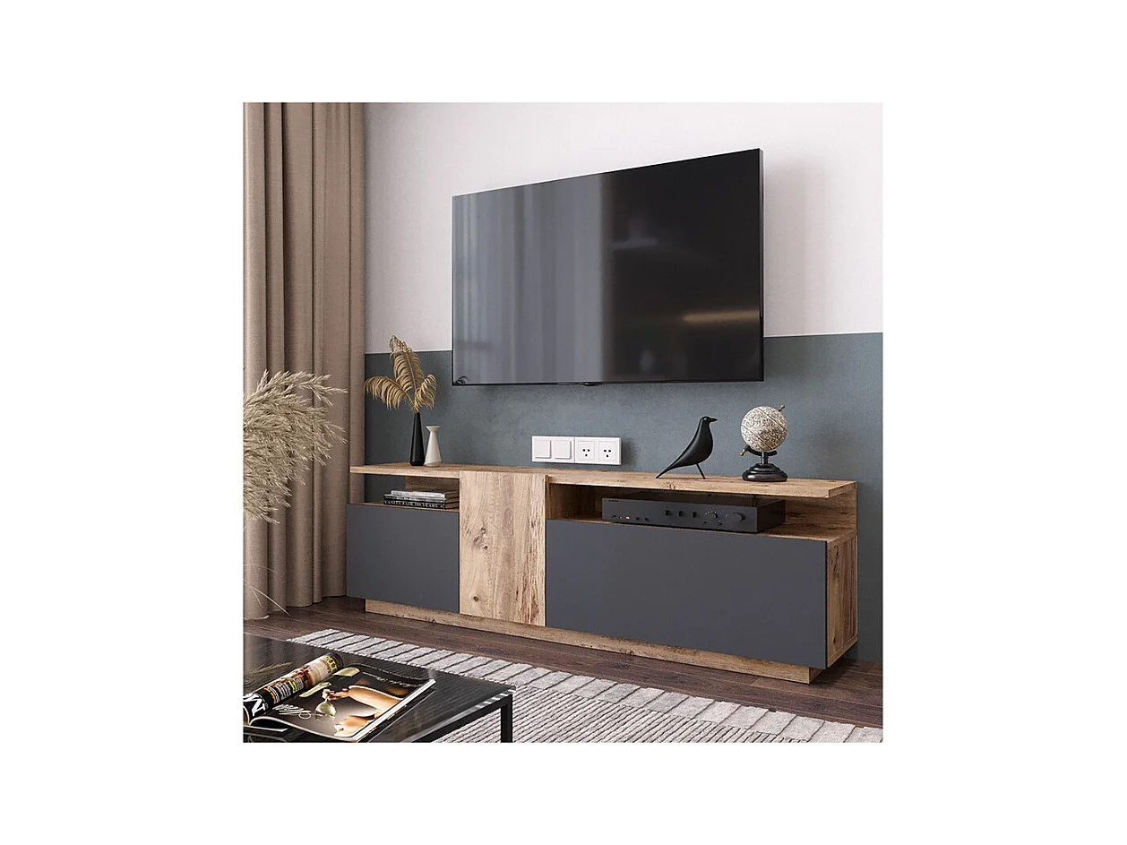 Mueble TV 150 cm con 3 Puertas y Diseño Moderno en Sonoma y Grafito – 150x29.5x46.3 cm.