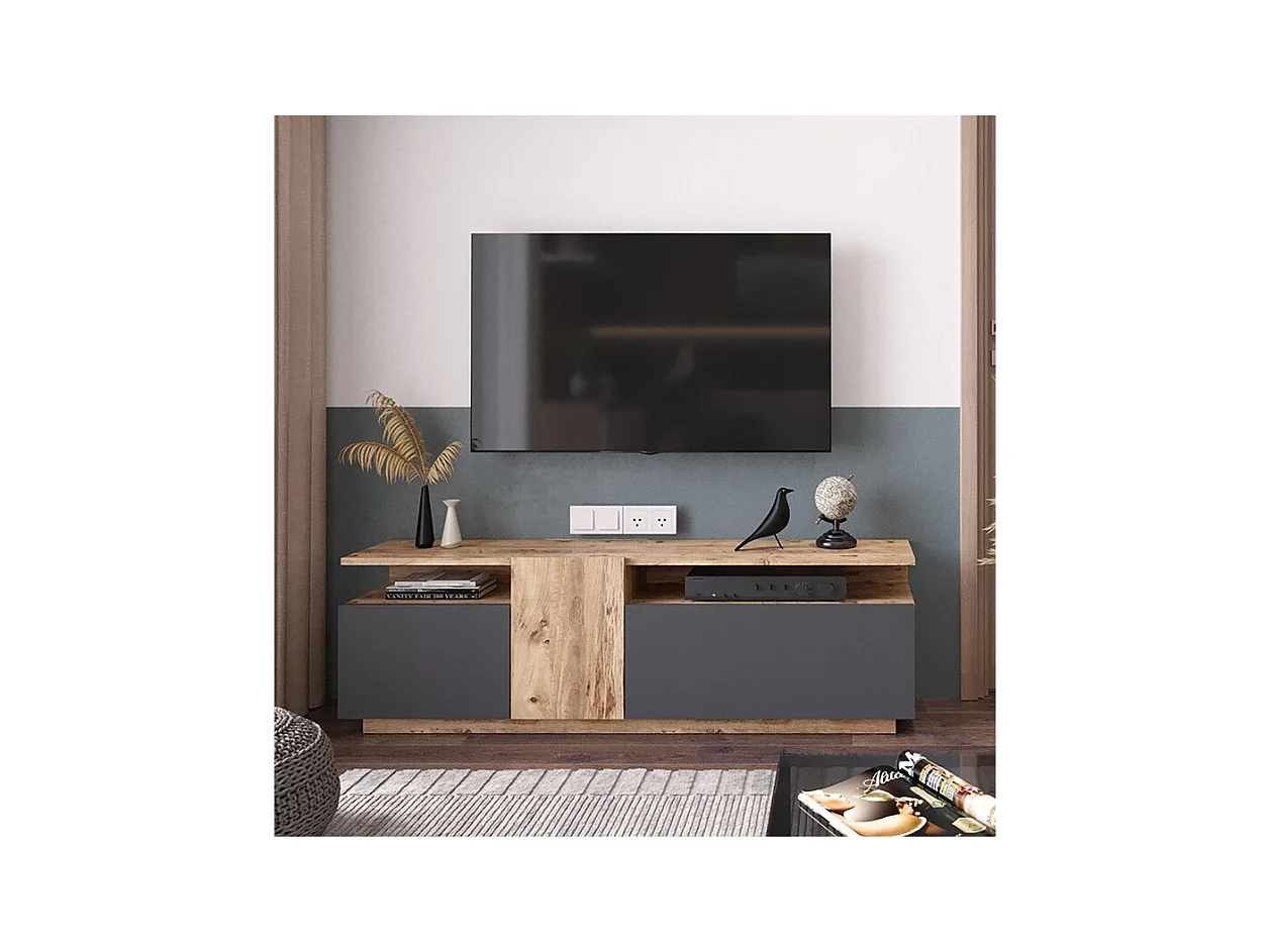 Mueble TV 150 cm con 3 Puertas y Diseño Moderno en Sonoma y Grafito – 150x29.5x46.3 cm.
