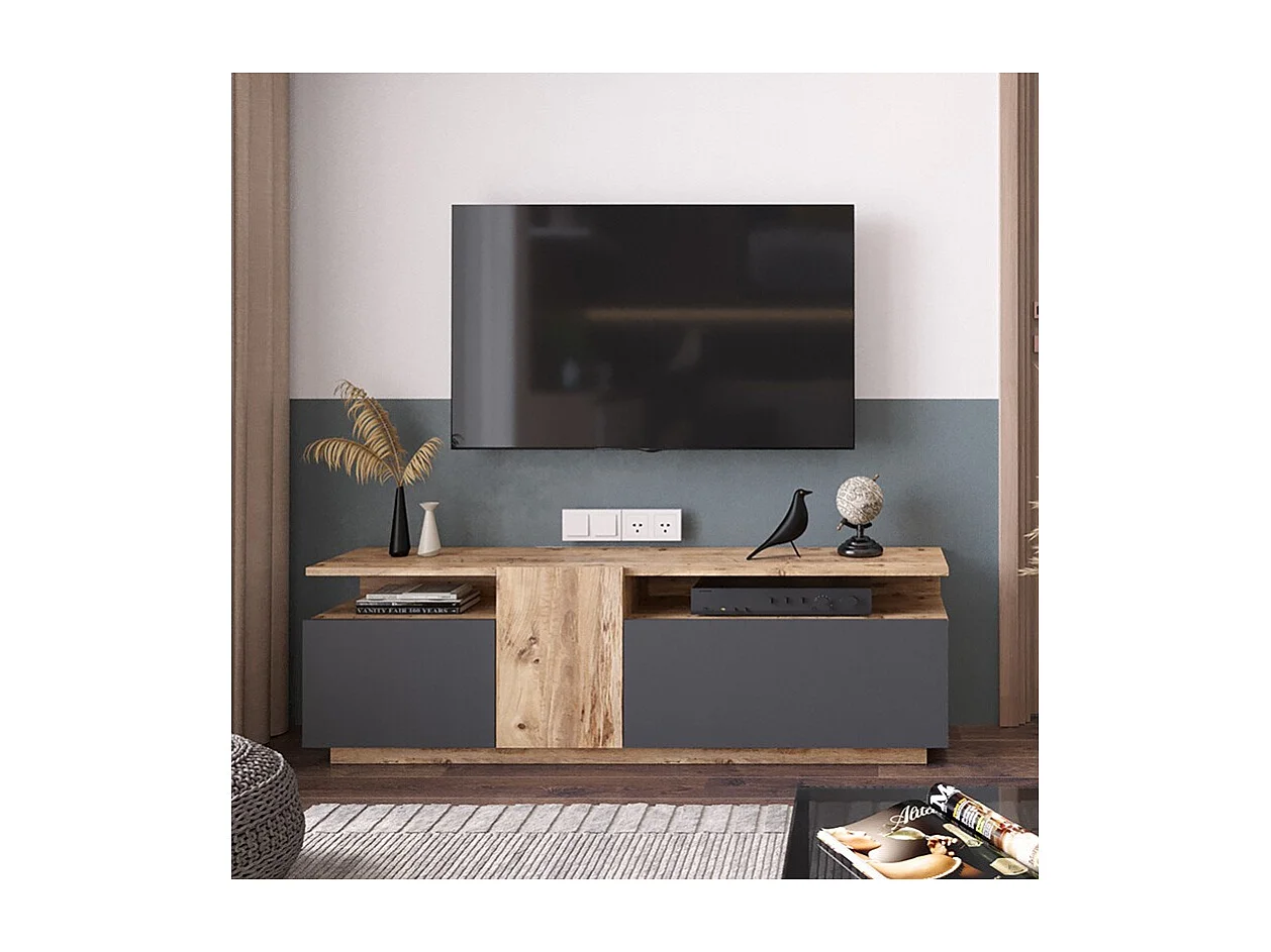 Mueble TV 150 cm con 3 Puertas y Diseño Moderno en Sonoma y Grafito – 150x29.5x46.3 cm.