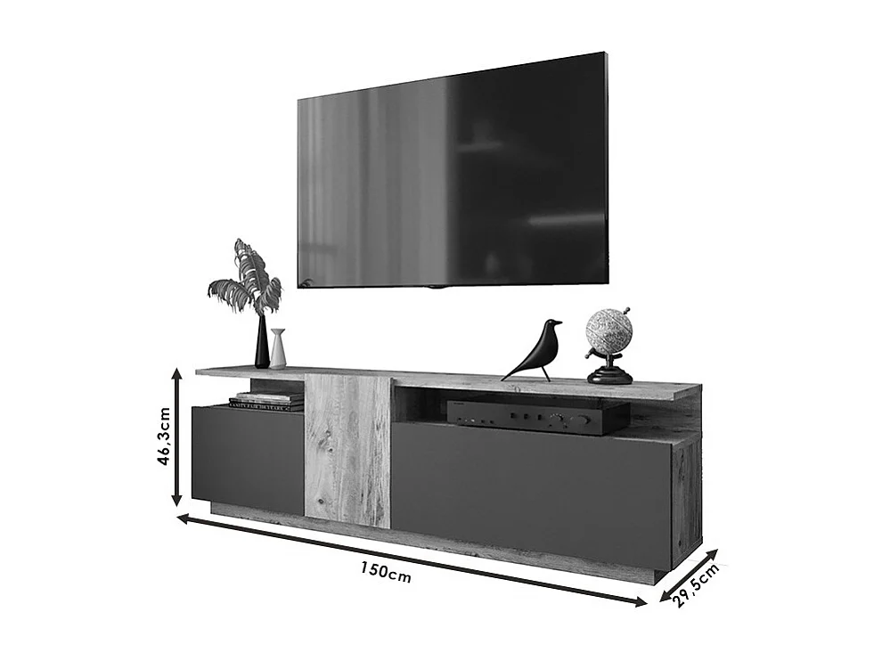 Mueble TV 150 cm con 3 Puertas y Diseño Moderno en Sonoma y Grafito – 150x29.5x46.3 cm.