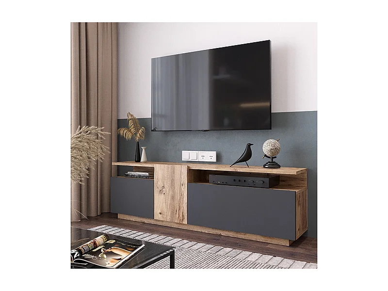 Mueble TV 150 cm con 3 Puertas y Diseño Moderno en Sonoma y Grafito – 150x29.5x46.3 cm.