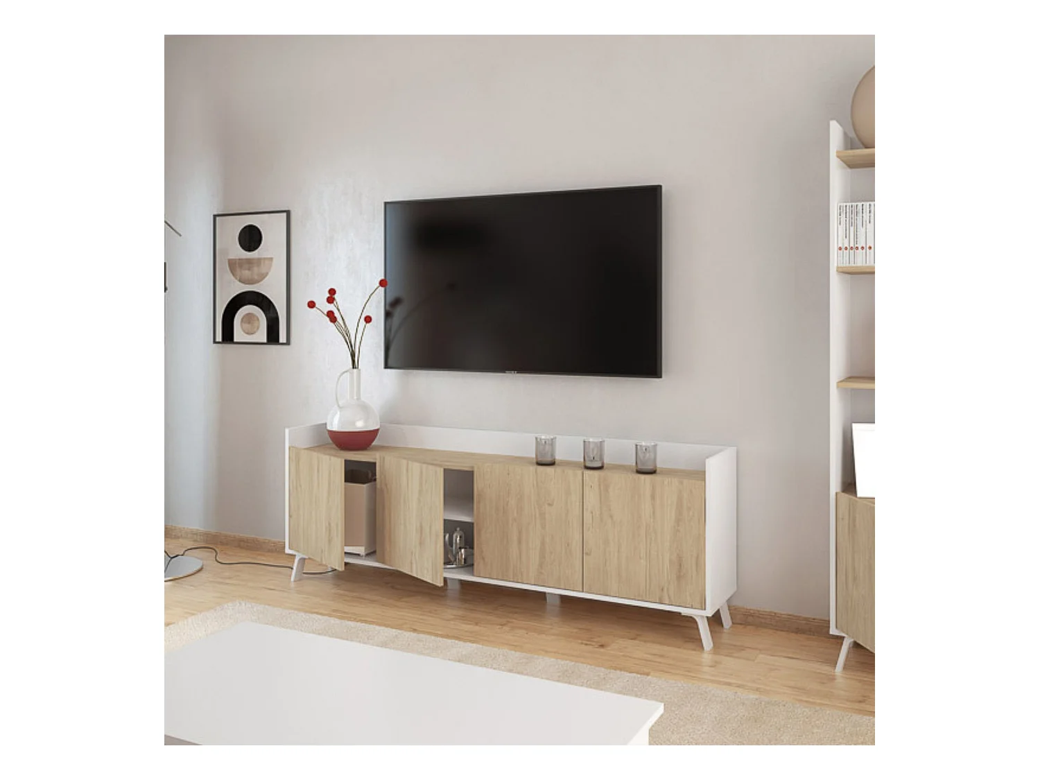 Aparador, Mueble Tv, Salón Comedor 4 Puertas, Armario Auxiliar Color Blanco y Roble, Medidas: 180x63x33,5 Cm