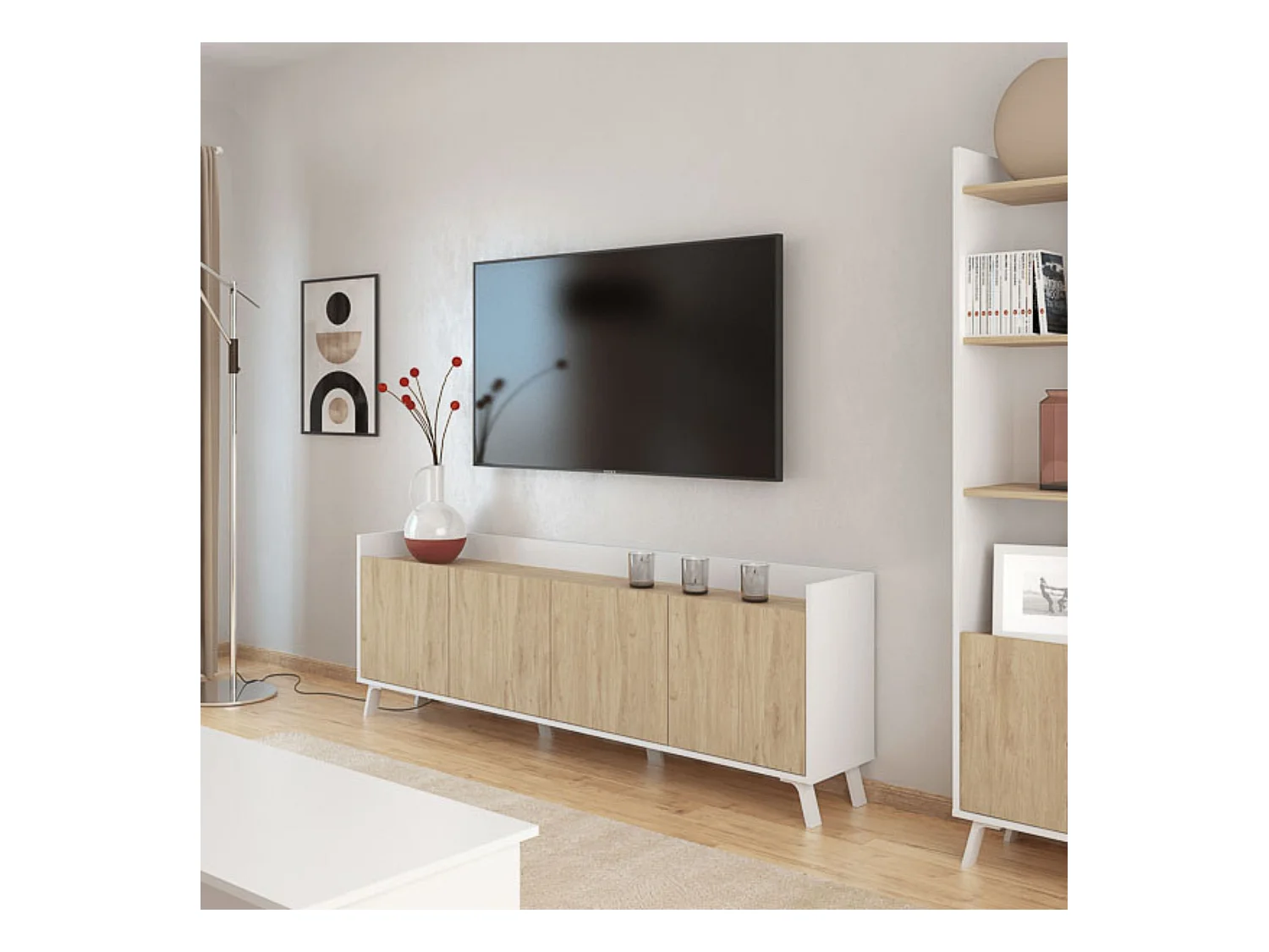 Aparador, Mueble Tv, Salón Comedor 4 Puertas, Armario Auxiliar Color Blanco y Roble, Medidas: 180x63x33,5 Cm