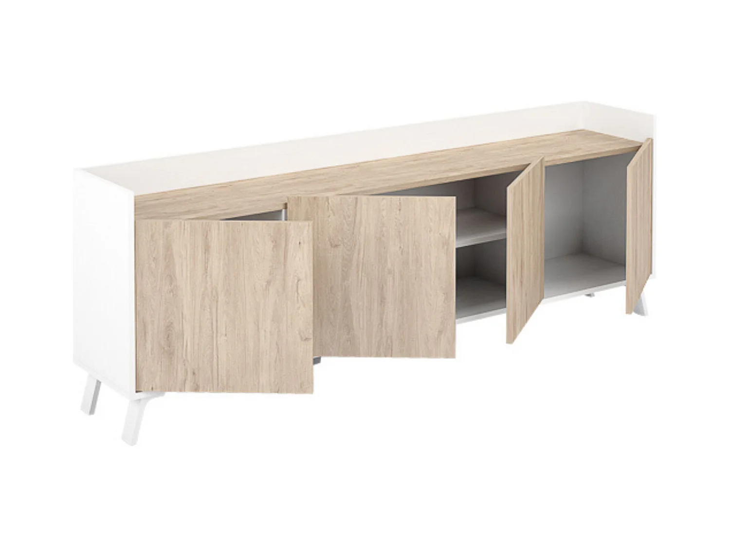 Aparador, Mueble Tv, Salón Comedor 4 Puertas, Armario Auxiliar Color Blanco y Roble, Medidas: 180x63x33,5 Cm