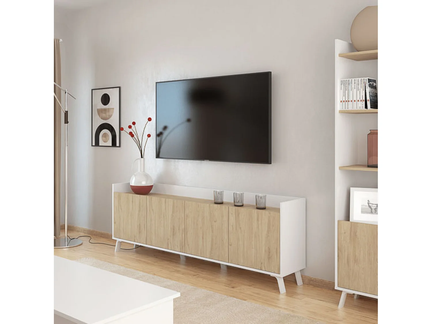 Aparador, Mueble Tv, Salón Comedor 4 Puertas, Armario Auxiliar Color Blanco y Roble, Medidas: 180x63x33,5 Cm