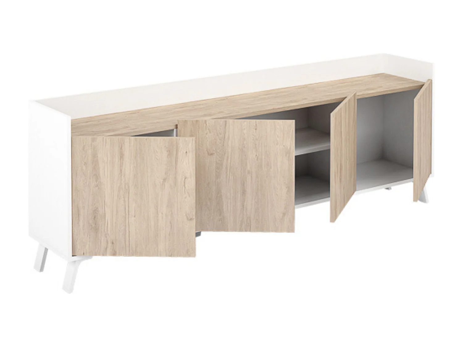 Aparador, Mueble Tv, Salón Comedor 4 Puertas, Armario Auxiliar Color Blanco y Roble, Medidas: 180x63x33,5 Cm