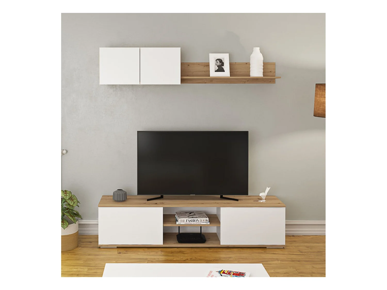 Mueble Salón Comedor 2 Módulos y 1 Estantería con puertas Color Blanco Y roble Estilo Moderno 180x80x40 Cm