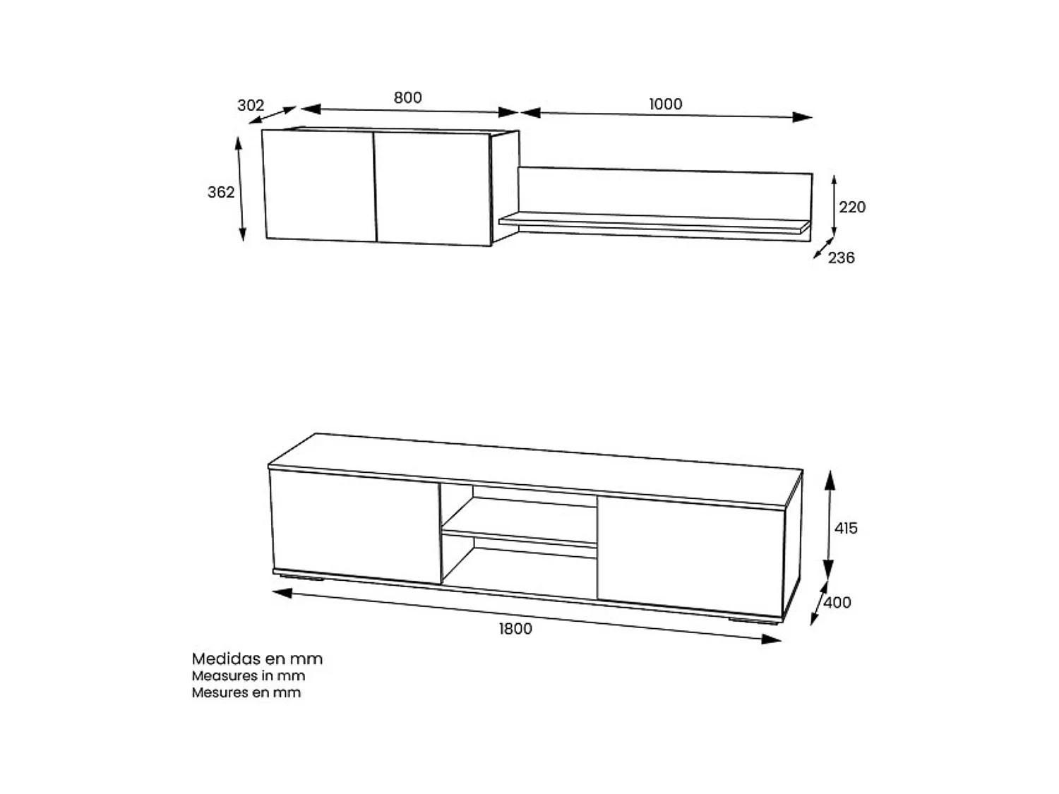 Mueble Salón Comedor 2 Módulos y 1 Estantería con puertas Color Blanco Y roble Estilo Moderno 180x80x40 Cm