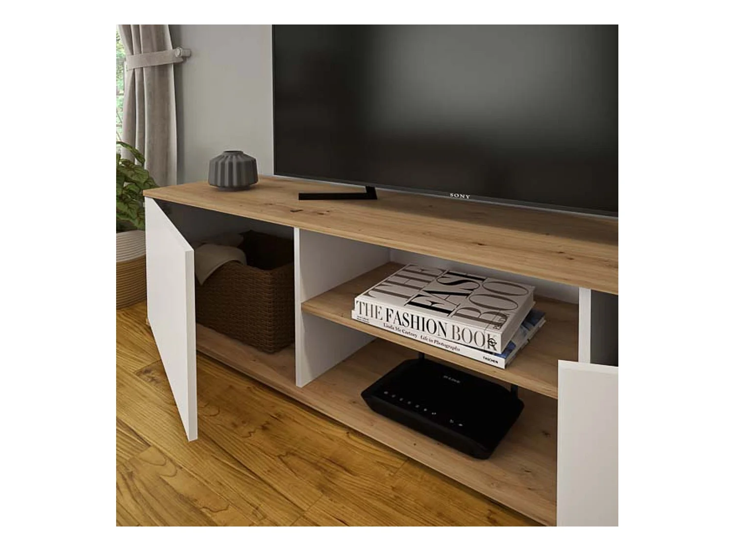 Mueble Salón Comedor 2 Módulos y 1 Estantería con puertas Color Blanco Y roble Estilo Moderno 180x80x40 Cm