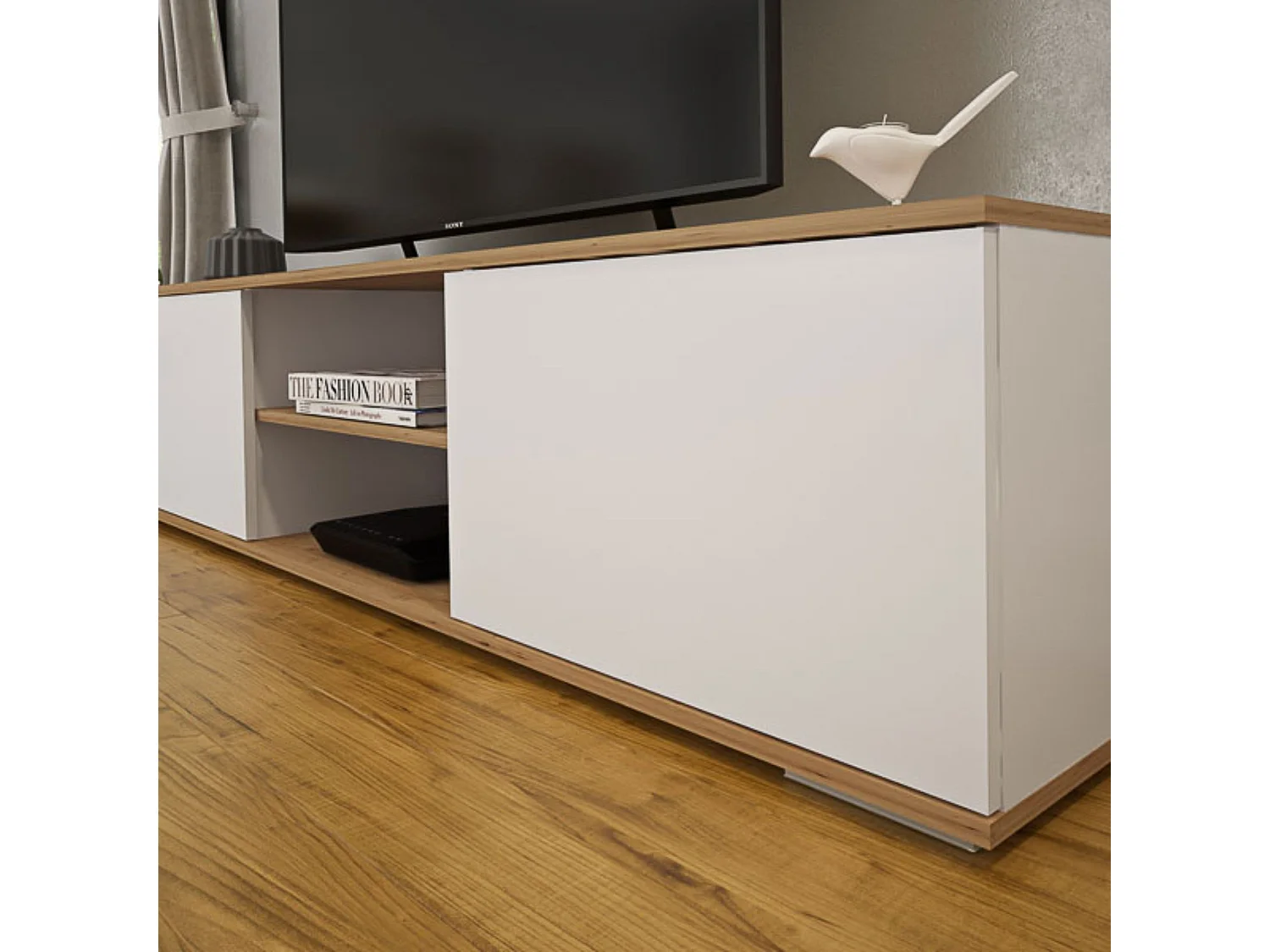 Mueble Salón Comedor 2 Módulos y 1 Estantería con puertas Color Blanco Y roble Estilo Moderno 180x80x40 Cm