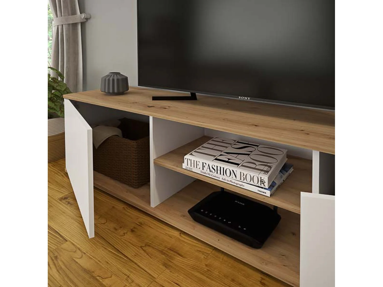 Mueble Salón Comedor 2 Módulos y 1 Estantería con puertas Color Blanco Y roble Estilo Moderno 180x80x40 Cm