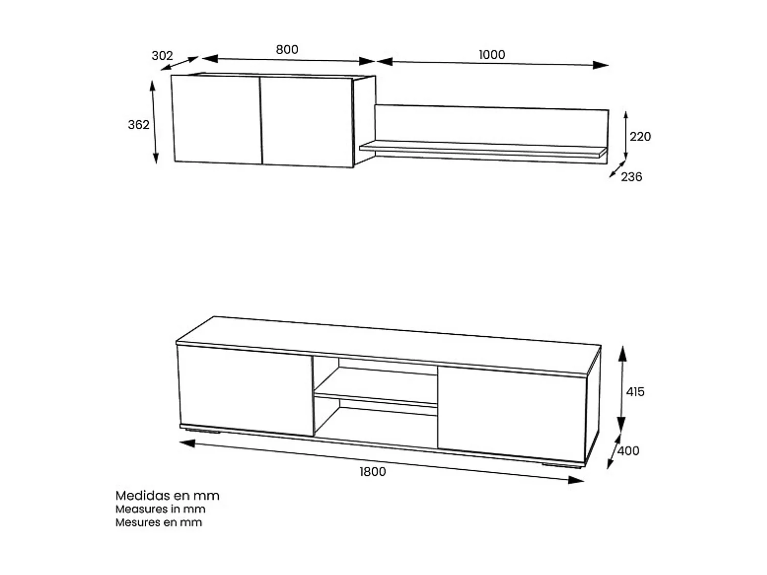 Mueble Salón Comedor 2 Módulos y 1 Estantería con puertas Color Blanco Y roble Estilo Moderno 180x80x40 Cm