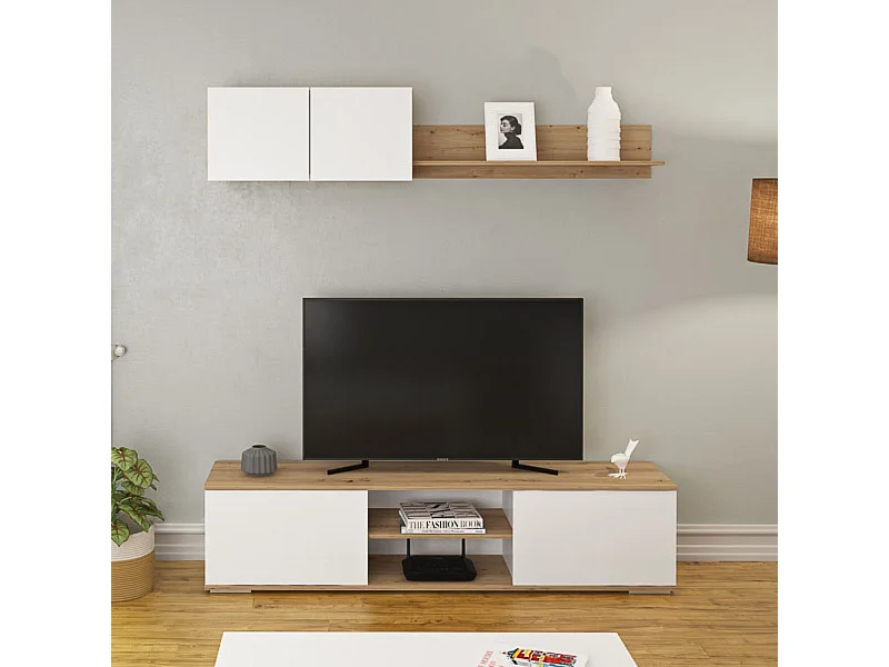 Mueble Salón Comedor 2 Módulos y 1 Estantería con puertas Color Blanco Y roble Estilo Moderno 180x80x40 Cm