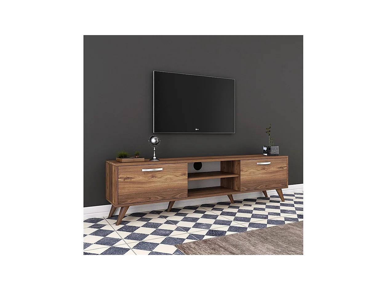 Mueble de TV en Nogal con 2 Cajones y Estantes - 180x35x48.5 cm con Patas de Madera.