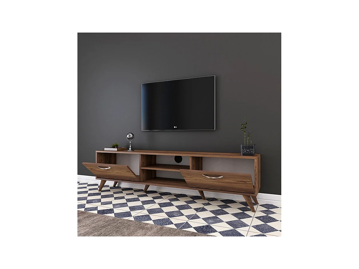 Mueble de TV en Nogal con 2 Cajones y Estantes - 180x35x48.5 cm con Patas de Madera.