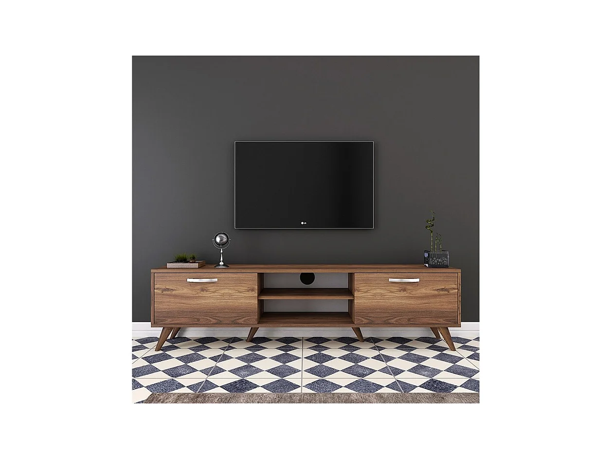Mueble de TV en Nogal con 2 Cajones y Estantes - 180x35x48.5 cm con Patas de Madera.