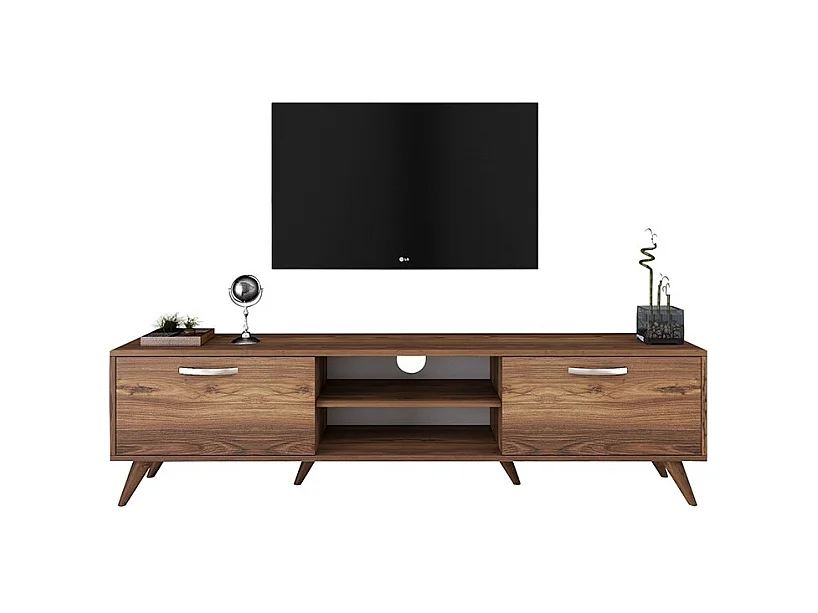 Mueble de TV en Nogal con 2 Cajones y Estantes - 180x35x48.5 cm con Patas de Madera.