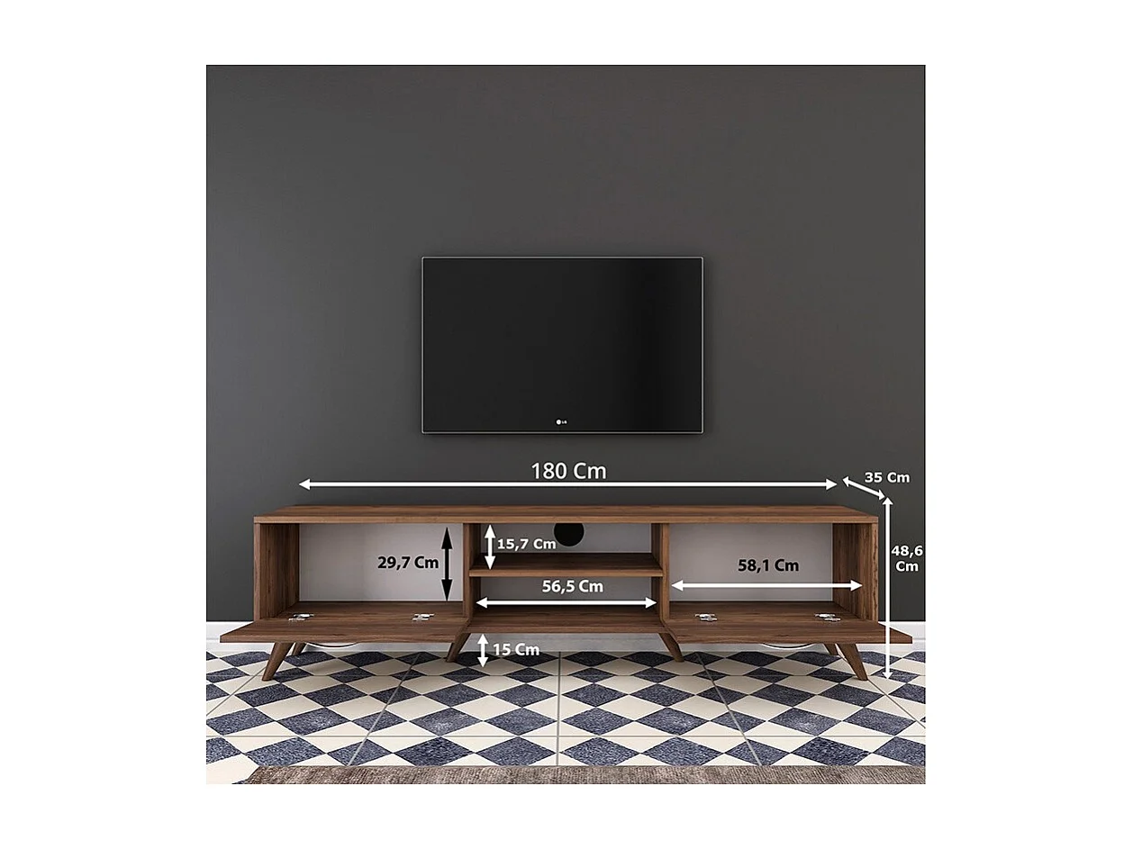 Mueble de TV en Nogal con 2 Cajones y Estantes - 180x35x48.5 cm con Patas de Madera.