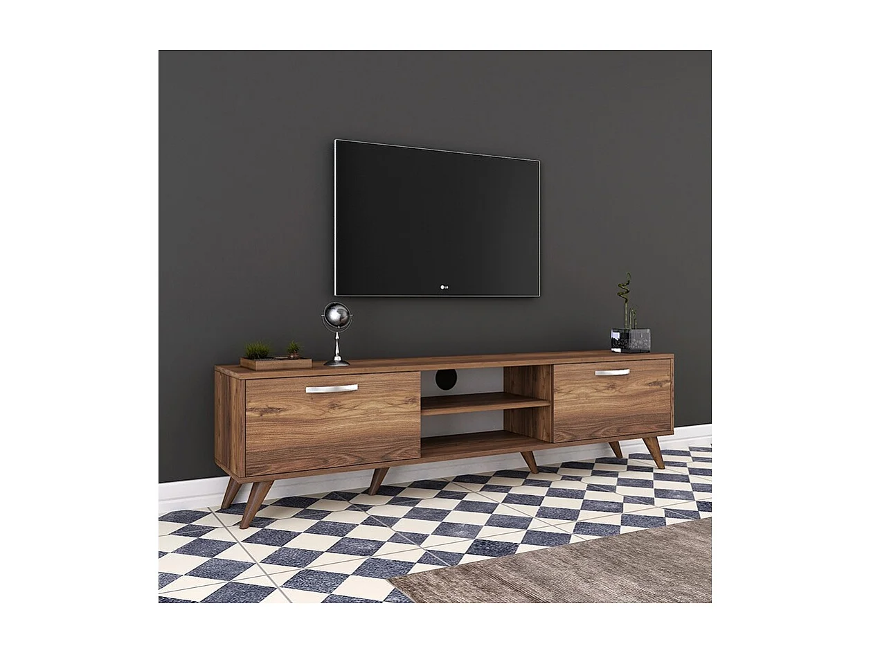 Mueble de TV en Nogal con 2 Cajones y Estantes - 180x35x48.5 cm con Patas de Madera.