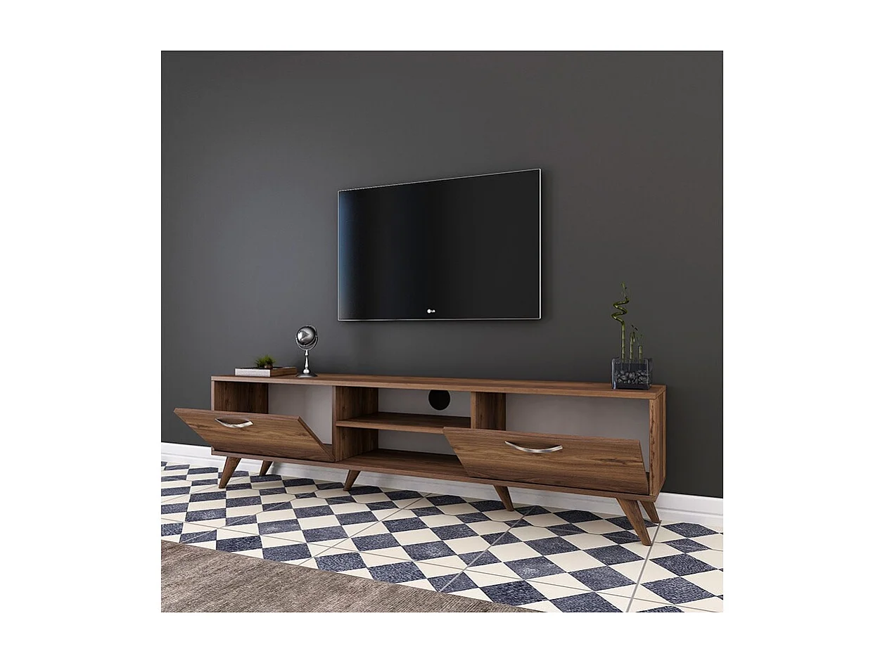 Mueble de TV en Nogal con 2 Cajones y Estantes - 180x35x48.5 cm con Patas de Madera.