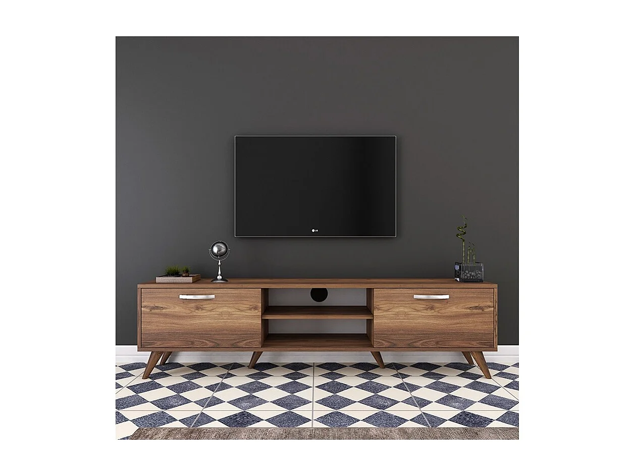 Mueble de TV en Nogal con 2 Cajones y Estantes - 180x35x48.5 cm con Patas de Madera.