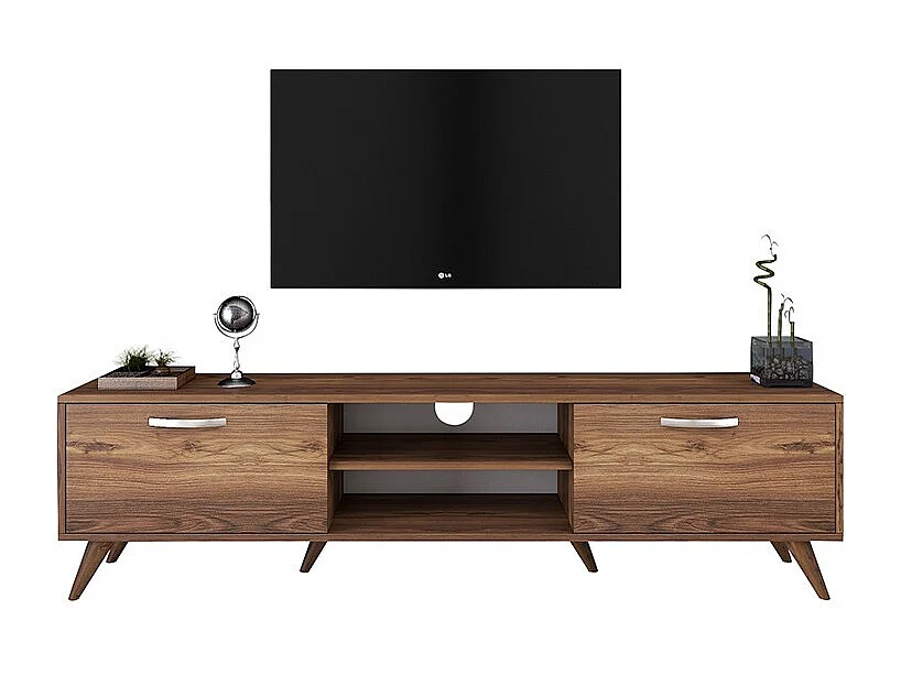 Mueble de TV en Nogal con 2 Cajones y Estantes - 180x35x48.5 cm con Patas de Madera.