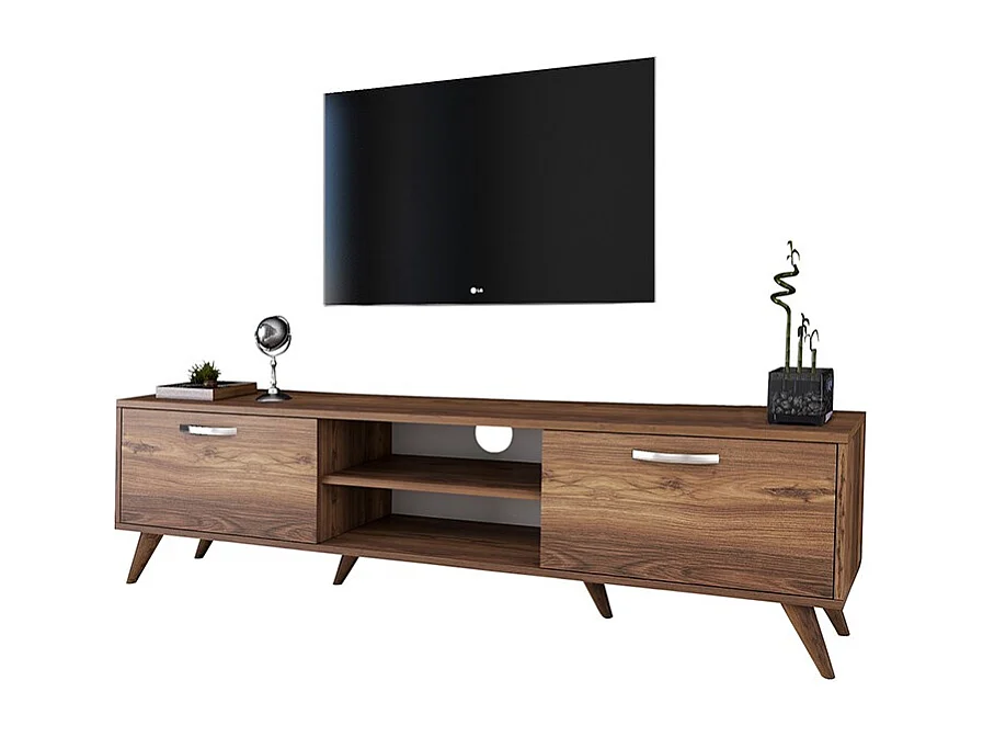 Mueble de TV en Nogal con 2 Cajones y Estantes - 180x35x48.5 cm con Patas de Madera.