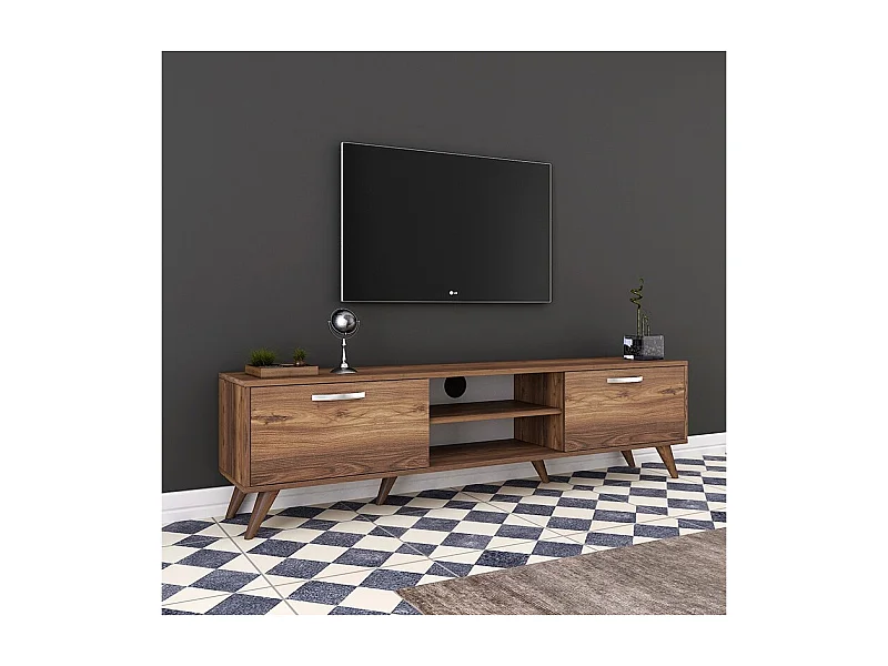 Mueble de TV en Nogal con 2 Cajones y Estantes - 180x35x48.5 cm con Patas de Madera.