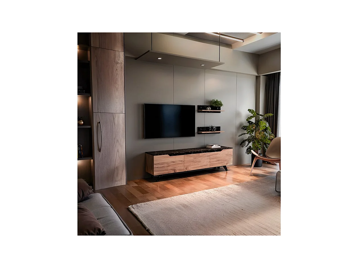 Mueble TV Completo en Melamina Color Roble y Negro, 180x35x48.5 cm, con 2 Estantes