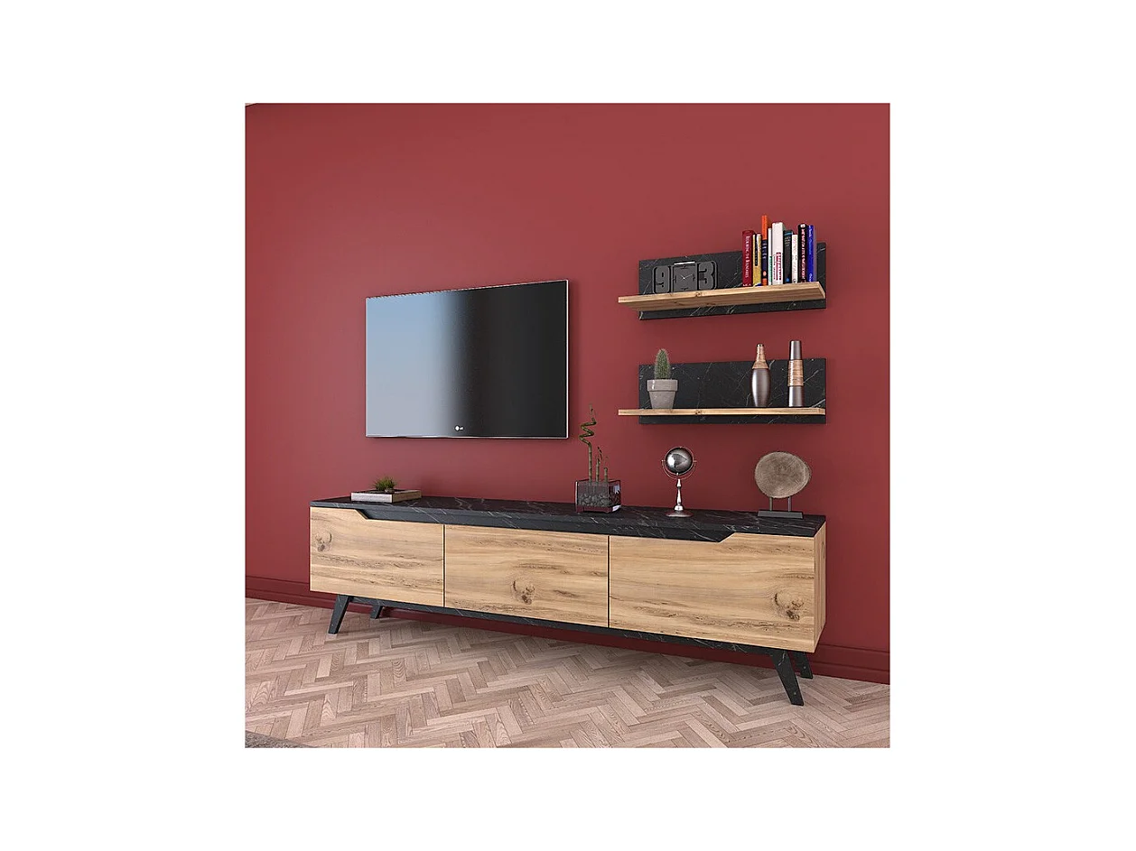 Mueble TV Completo en Melamina Color Roble y Negro, 180x35x48.5 cm, con 2 Estantes