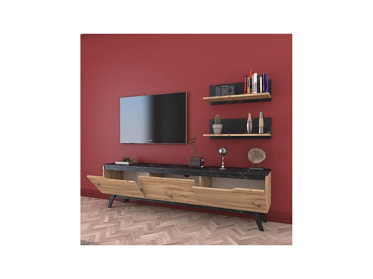 Mueble TV Completo en Melamina Color Roble y Negro, 180x35x48.5 cm, con 2 Estantes