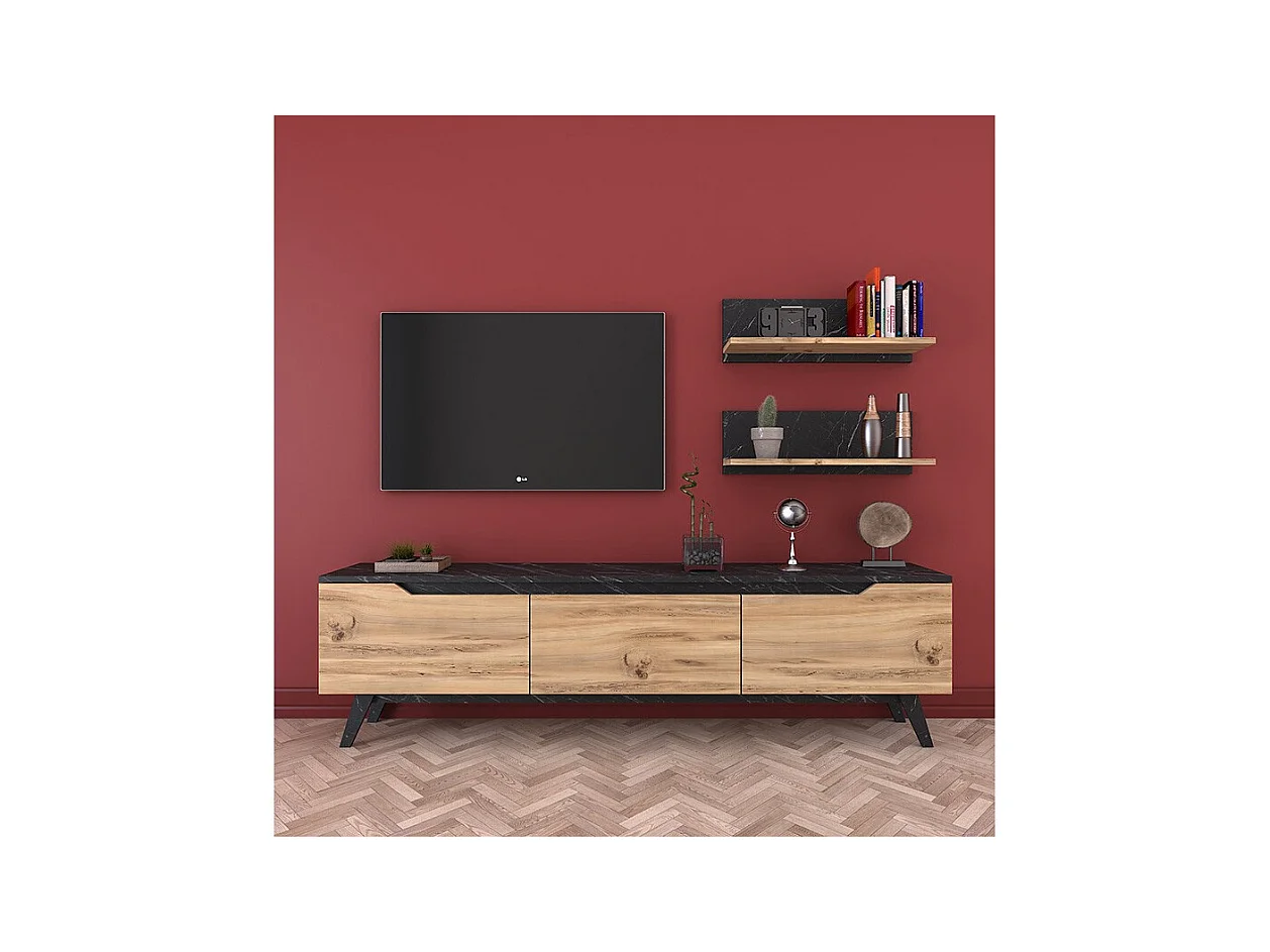 Mueble TV Completo en Melamina Color Roble y Negro, 180x35x48.5 cm, con 2 Estantes
