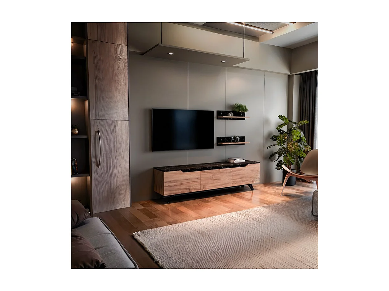 Mueble TV Completo en Melamina Color Roble y Negro, 180x35x48.5 cm, con 2 Estantes