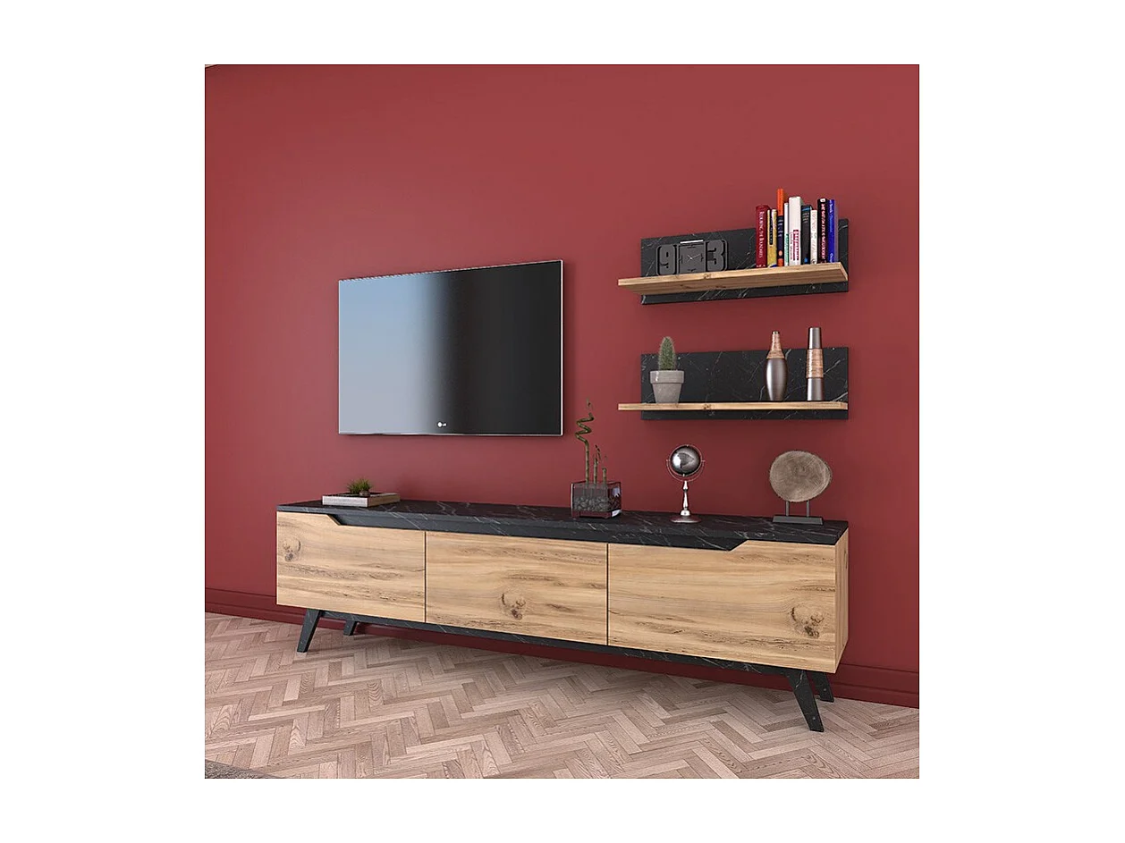 Mueble TV Completo en Melamina Color Roble y Negro, 180x35x48.5 cm, con 2 Estantes