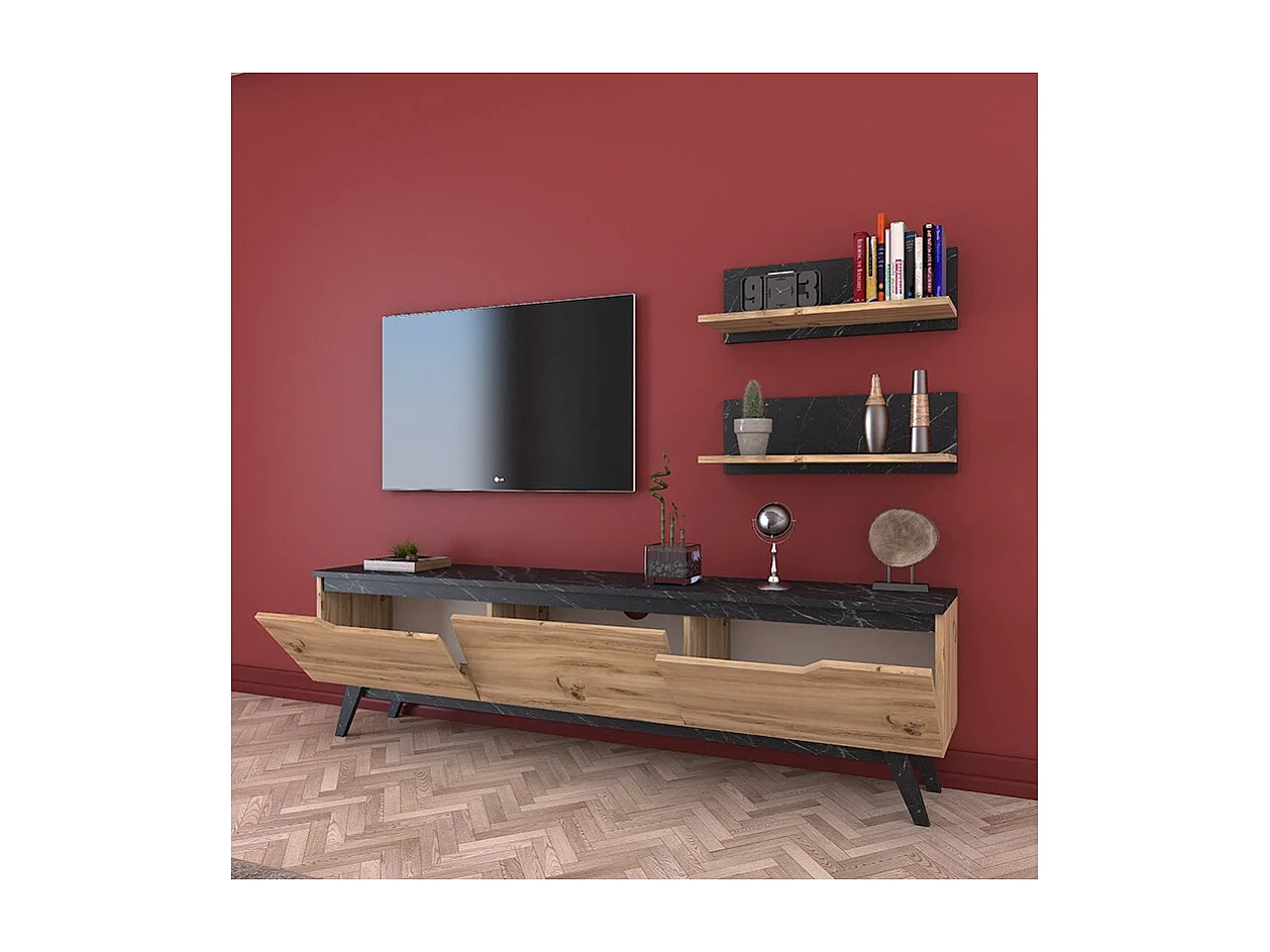 Mueble TV Completo en Melamina Color Roble y Negro, 180x35x48.5 cm, con 2 Estantes
