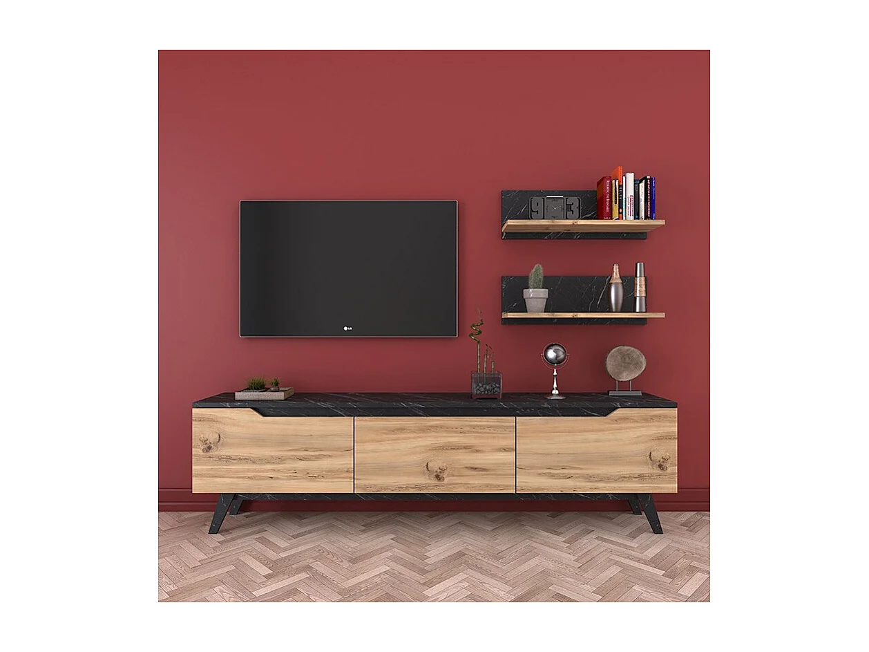 Mueble TV Completo en Melamina Color Roble y Negro, 180x35x48.5 cm, con 2 Estantes