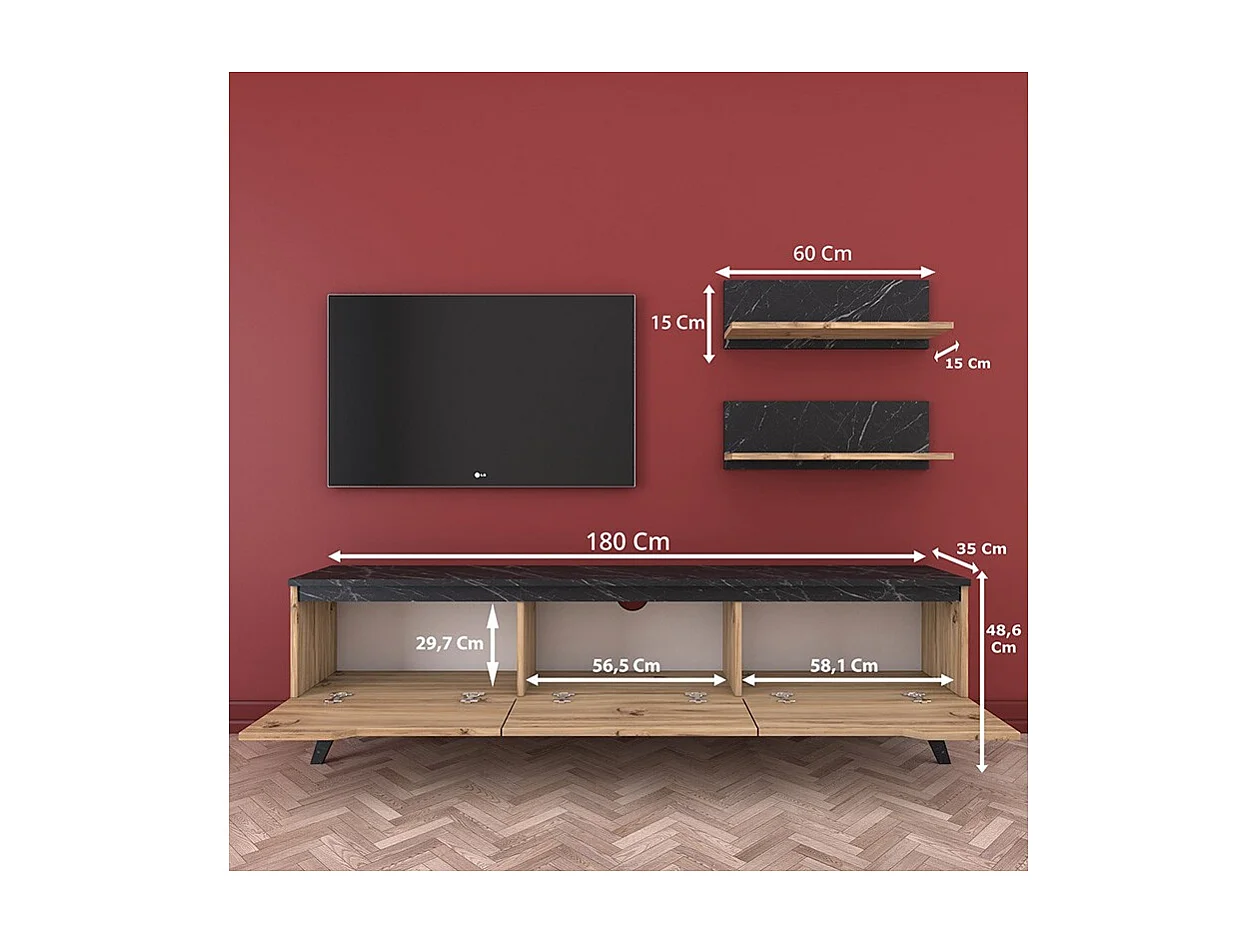 Mueble TV Completo en Melamina Color Roble y Negro, 180x35x48.5 cm, con 2 Estantes
