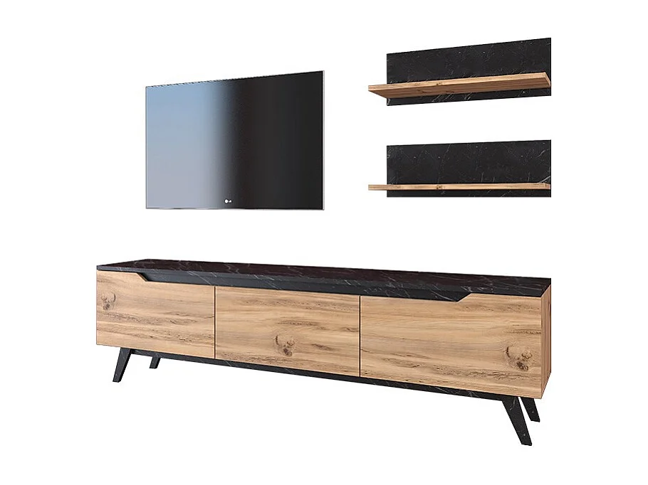 Mueble TV Completo en Melamina Color Roble y Negro, 180x35x48.5 cm, con 2 Estantes