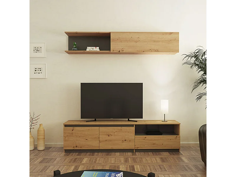 Mueble de TV de Diseño + Modulo Alto de Almacenamiento y 2 Puertas,Roble y Gris 85 cm(Alto) x 200cm (Ancho) x 40cm (Fondo)