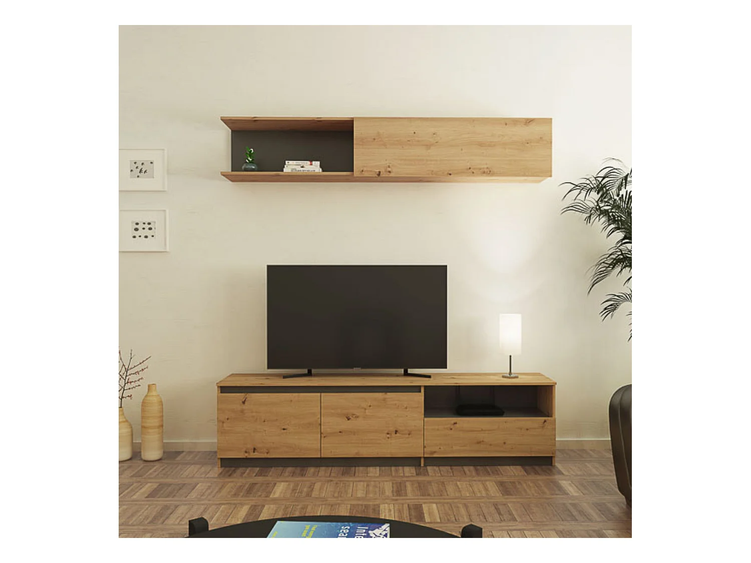 Mueble de TV de Diseño + Modulo Alto de Almacenamiento y 2 Puertas,Roble y Gris 85 cm(Alto) x 200cm (Ancho) x 40cm (Fondo)