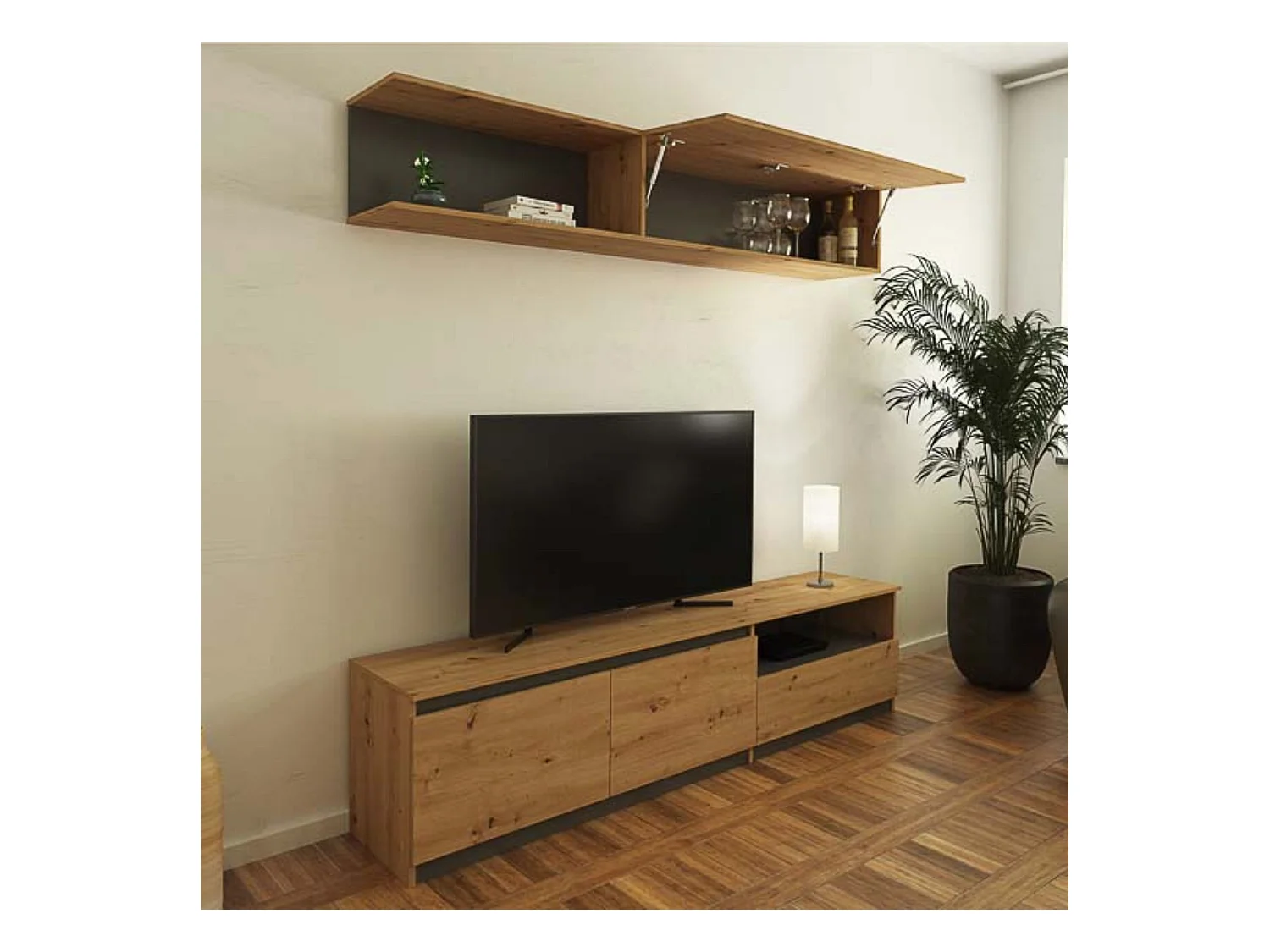 Mueble de TV de Diseño + Modulo Alto de Almacenamiento y 2 Puertas,Roble y Gris 85 cm(Alto) x 200cm (Ancho) x 40cm (Fondo)