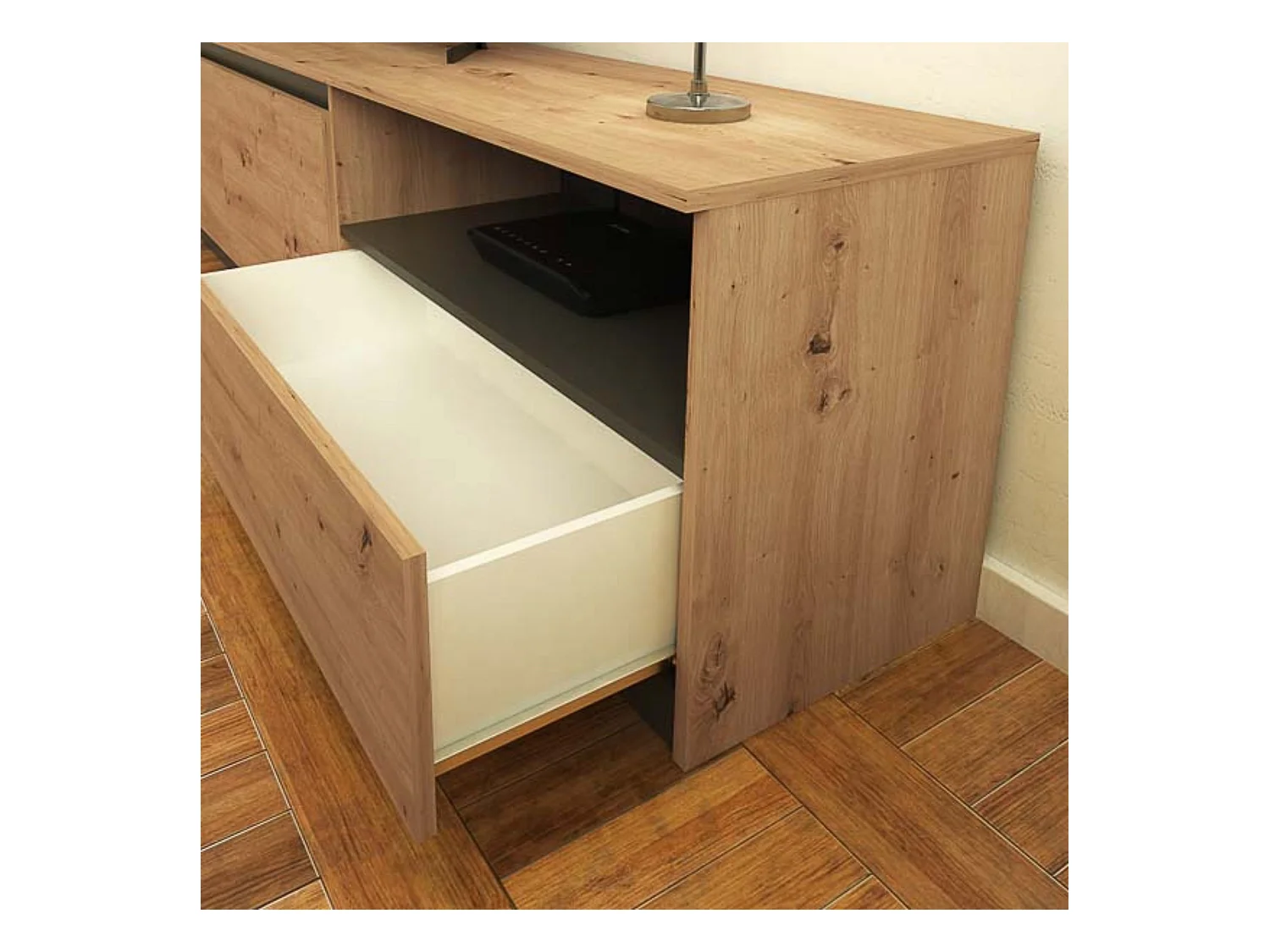 Mueble de TV de Diseño + Modulo Alto de Almacenamiento y 2 Puertas,Roble y Gris 85 cm(Alto) x 200cm (Ancho) x 40cm (Fondo)