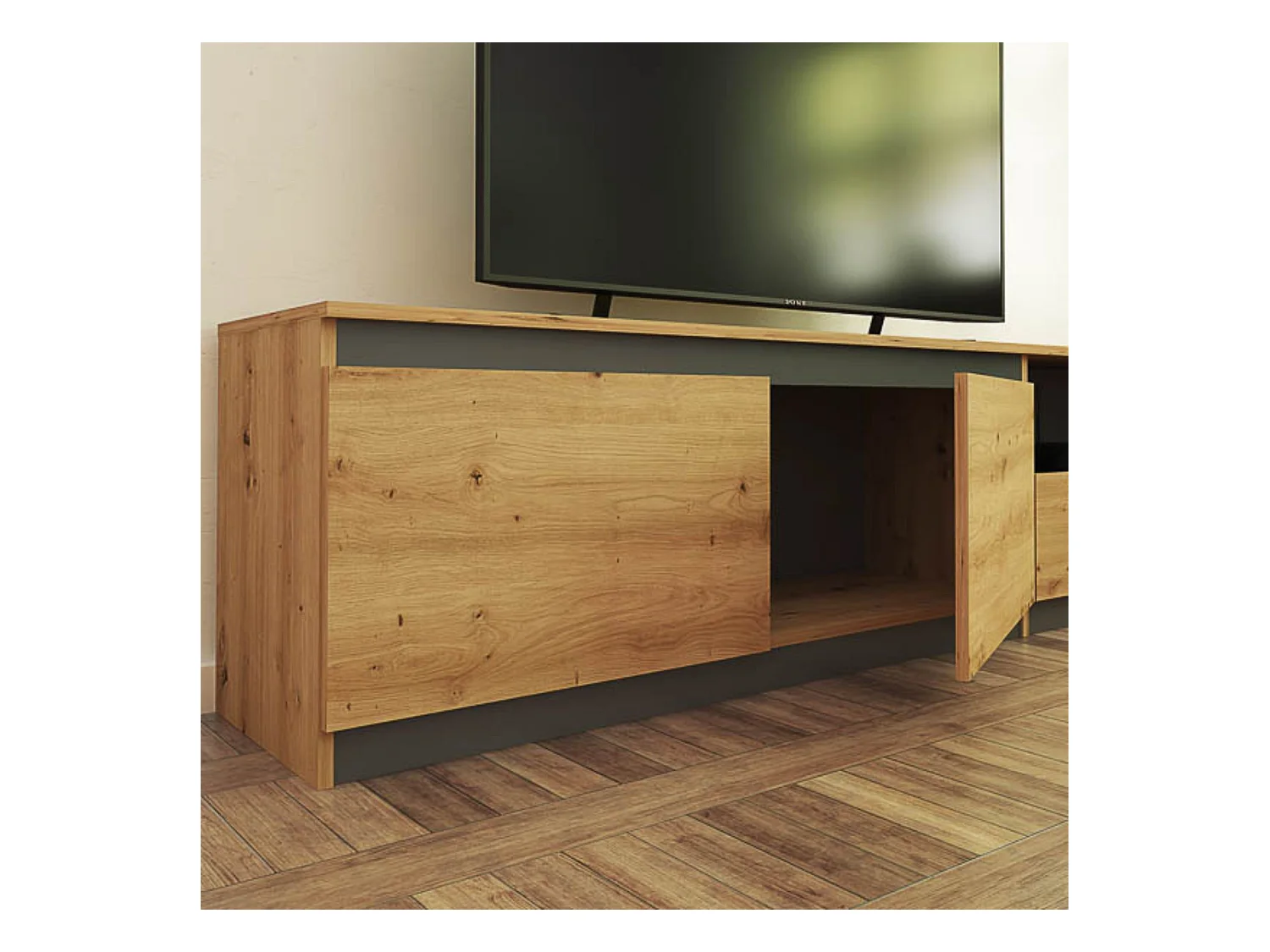 Mueble de TV de Diseño + Modulo Alto de Almacenamiento y 2 Puertas,Roble y Gris 85 cm(Alto) x 200cm (Ancho) x 40cm (Fondo)