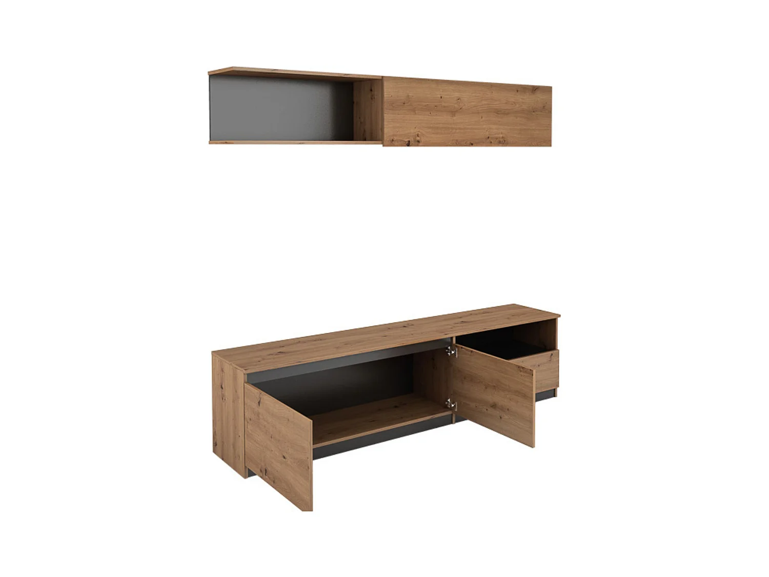 Mueble de TV de Diseño + Modulo Alto de Almacenamiento y 2 Puertas,Roble y Gris 85 cm(Alto) x 200cm (Ancho) x 40cm (Fondo)