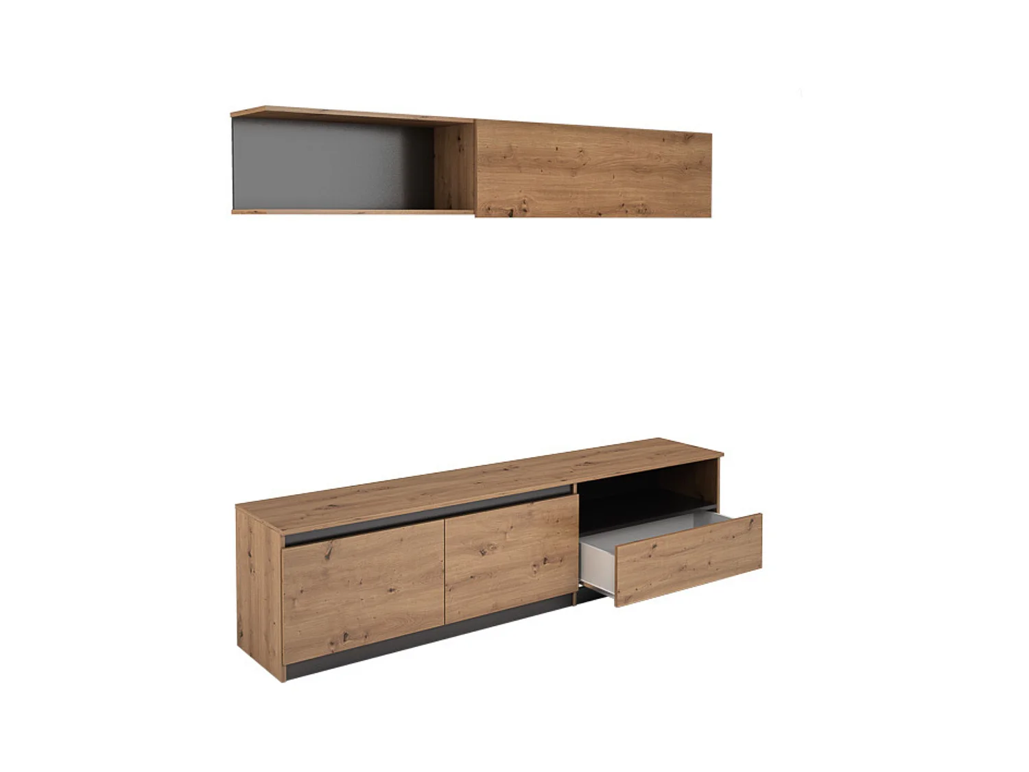 Mueble de TV de Diseño + Modulo Alto de Almacenamiento y 2 Puertas,Roble y Gris 85 cm(Alto) x 200cm (Ancho) x 40cm (Fondo)