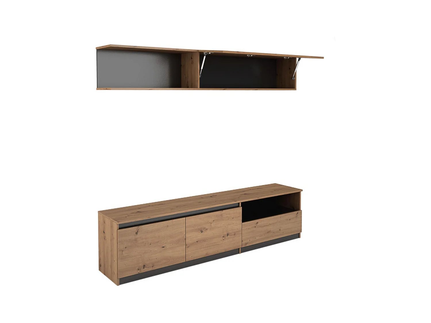 Mueble de TV de Diseño + Modulo Alto de Almacenamiento y 2 Puertas,Roble y Gris 85 cm(Alto) x 200cm (Ancho) x 40cm (Fondo)